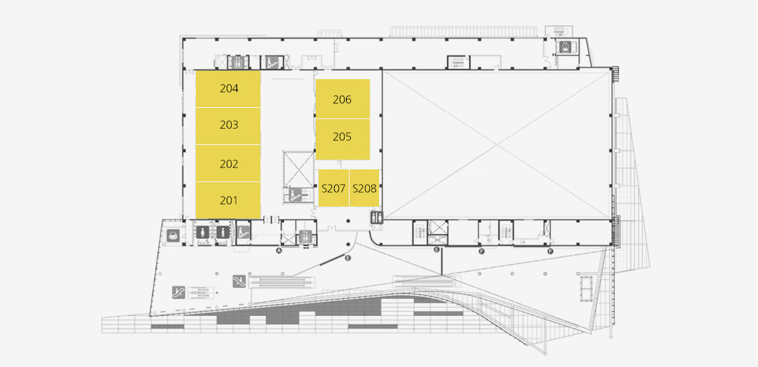 경주화벡컨벤션센터 2층 평면도입니다. 201동에서 206동까지 6개의 회의실과 S207, s208의 추가 공간이 있습니다.
